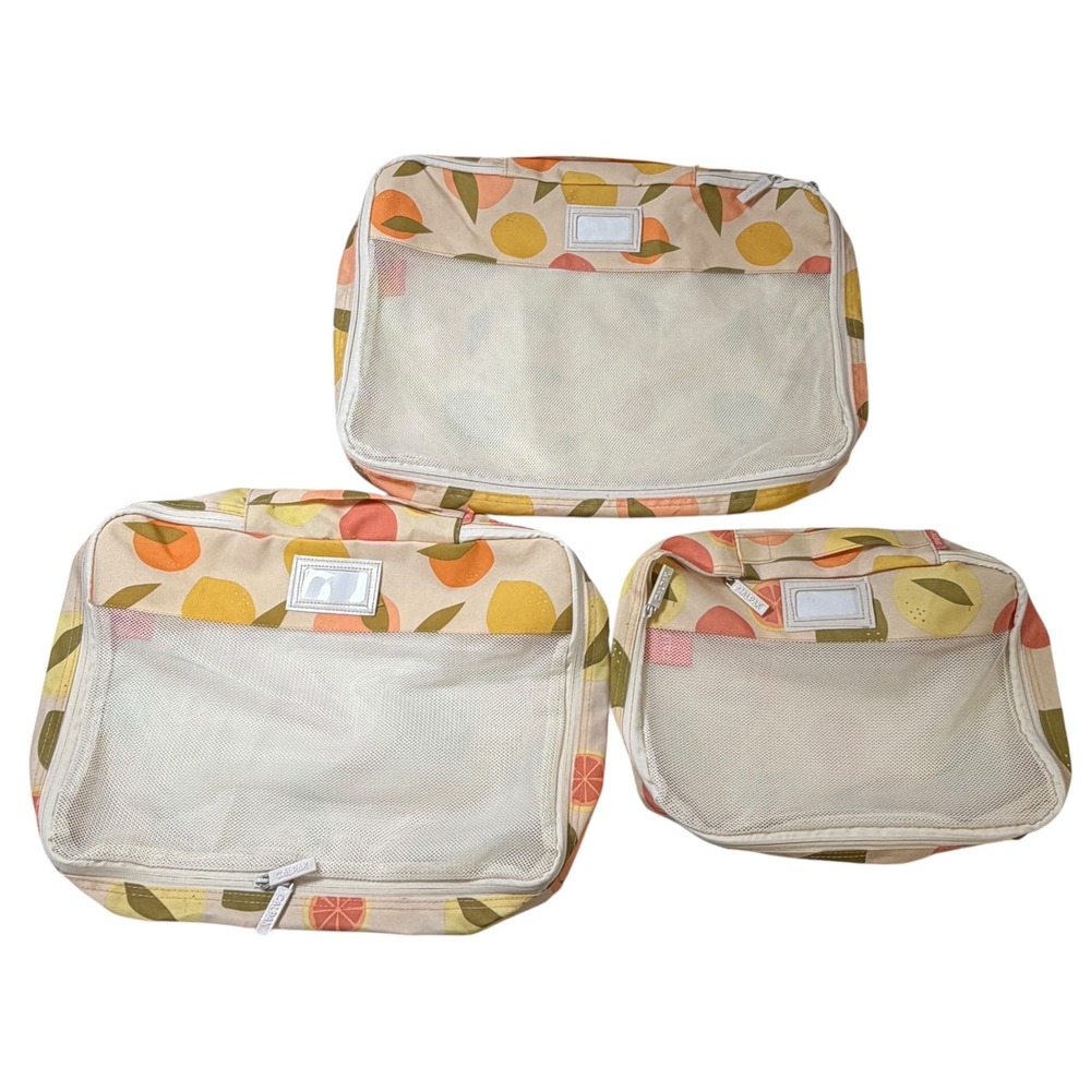 CALPAK 3 Piece Packing Cube Set Citrus Fruit Print Travel Organizer Cream Multi